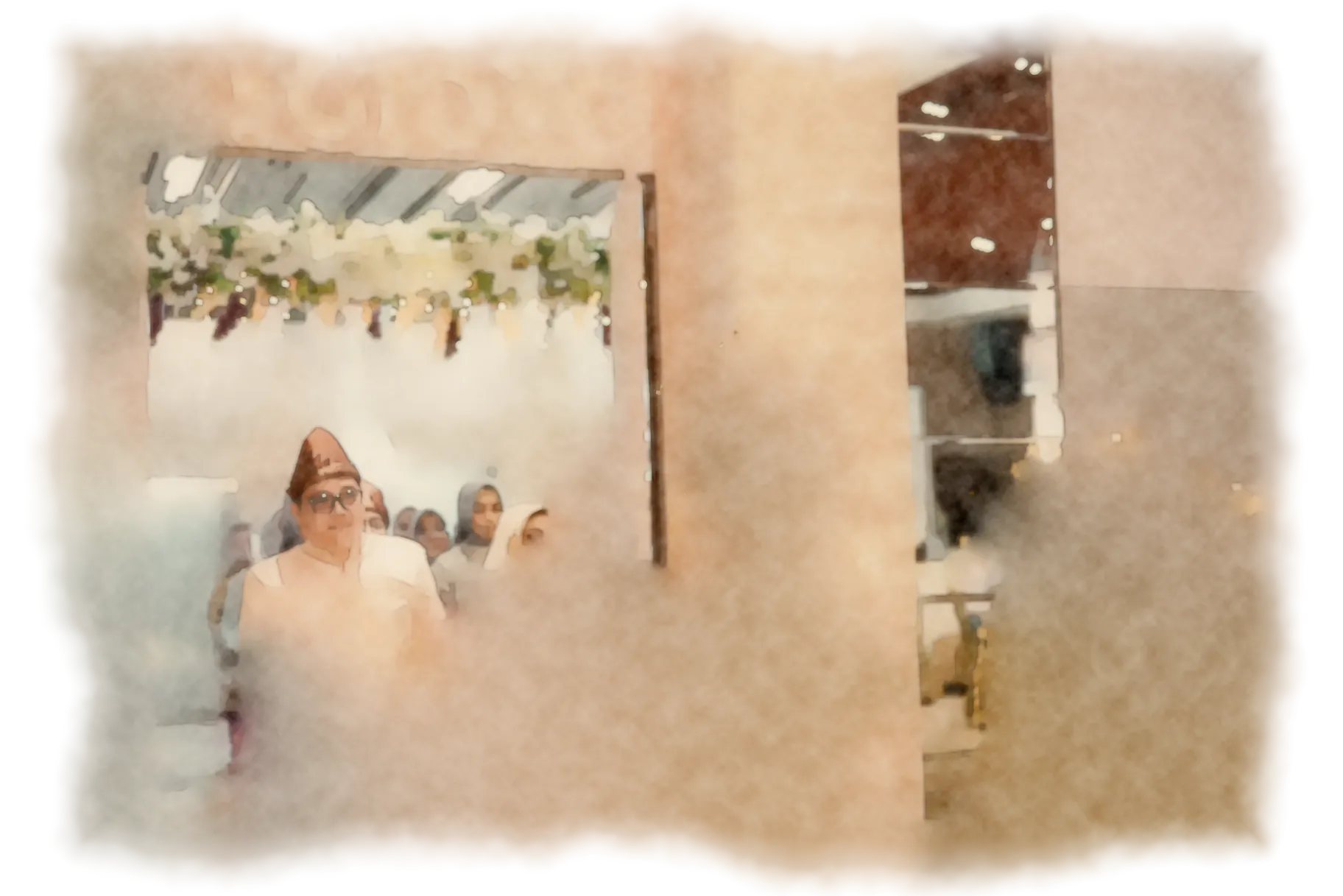 Watercolour painting of the bride and groom in maroon velvet and gold regalia walking arm in arm, framed by flowers.