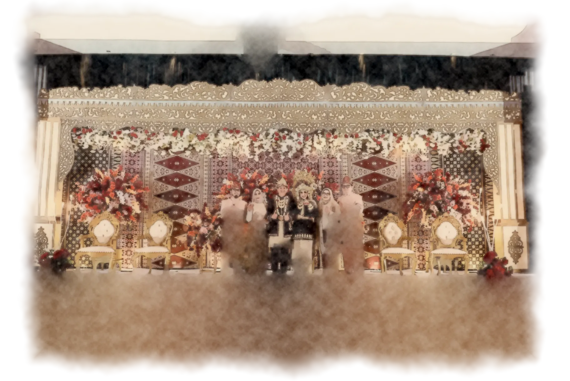 Watercolour painting of the bride and groom with their families on an ornate wedding stage filled with flowers.