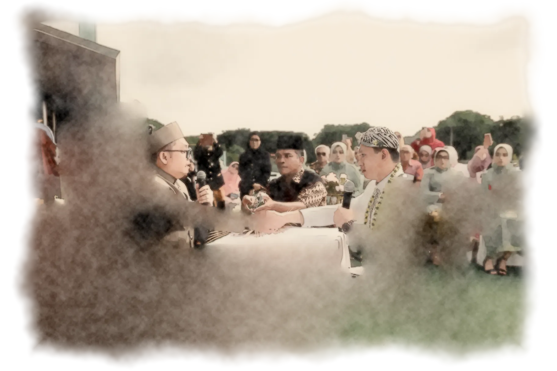 Watercolour painting of the akad nikah: the groom in white shakes hands with the officiant to seal the marriage vow.